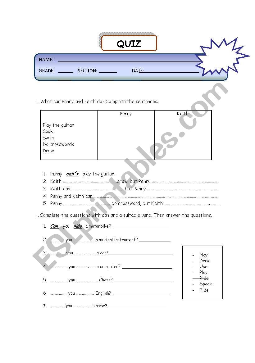 CAN AND CAN`T worksheet